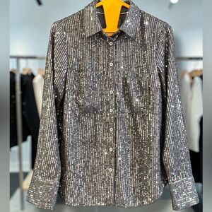 Anthropologie Silver Sequin Stripe Button-Down Blouse